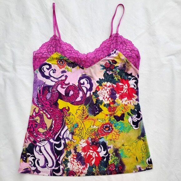 Josie Natori EUC Lace Trim Dragon Floral Silky Cami Tank Top Y2K Feminine Size S - Picture 2 of 8